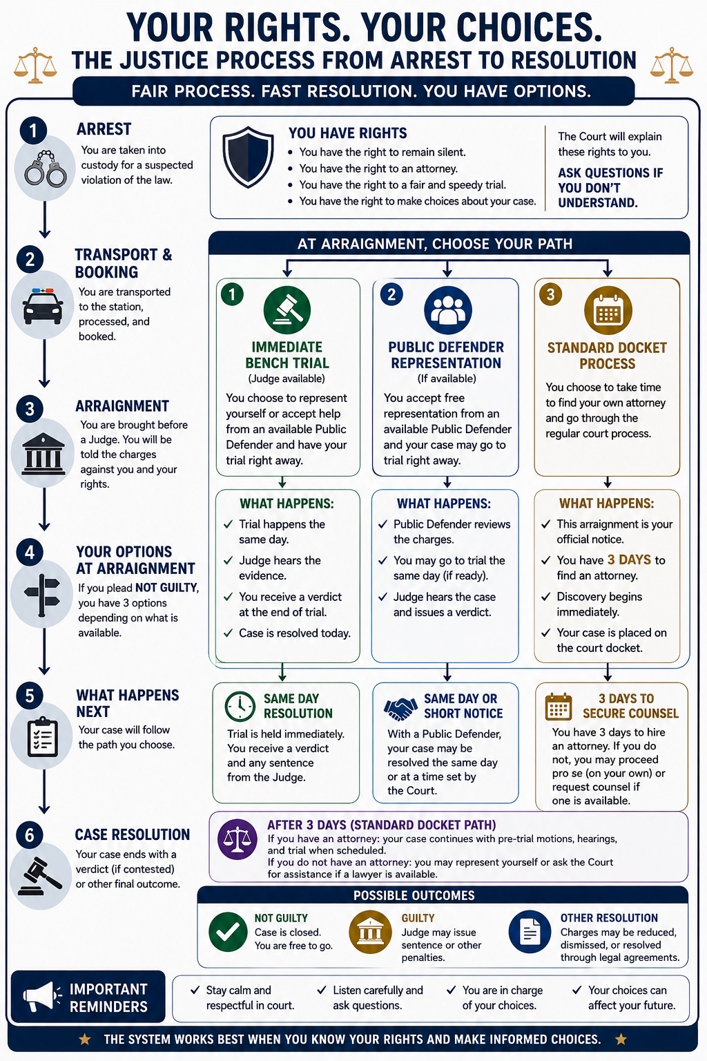 Justice process flowchart from arrest to resolution
